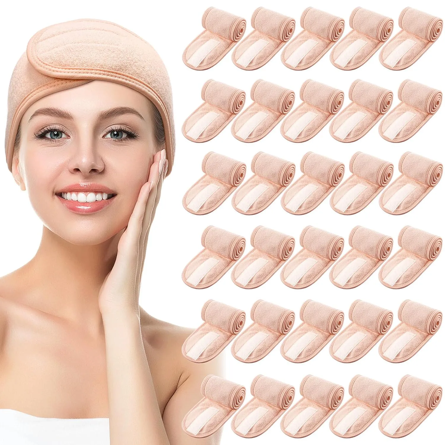 Hoteam 30 Pack Spa Headband Facial Esthetician Hair Wrap for Women Adjustable Makeup Sports Shower Stretch Towel with Tape(Light Pink)