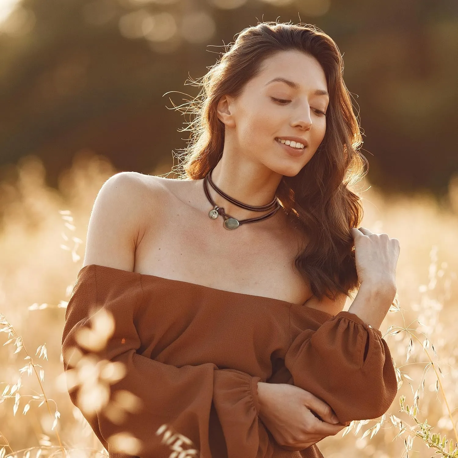 HUASAI Boho Necklaces for Women Western Jewelry Country Concert Outfits for Women Layered Brown Choker Necklace Leather Boho Necklace Western Cowgirl Outfits Jewelry