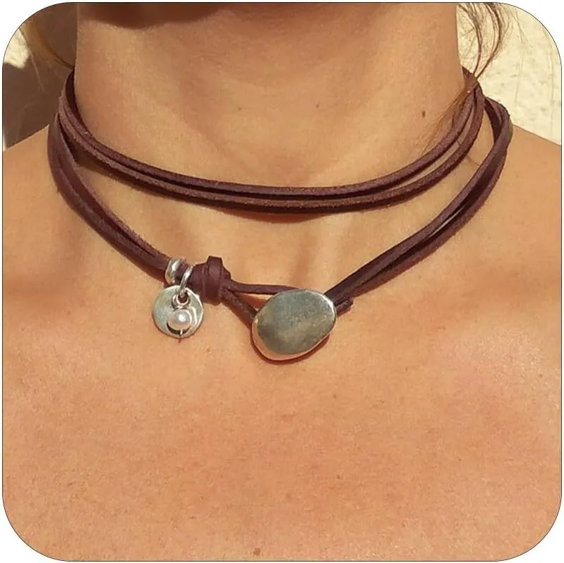 HUASAI Boho Necklaces for Women Western Jewelry Country Concert Outfits for Women Layered Brown Choker Necklace Leather Boho Necklace Western Cowgirl Outfits Jewelry
