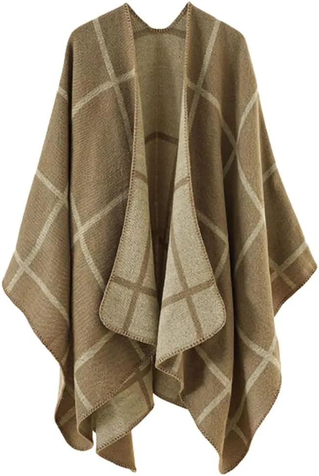 Hycurey Women Winter Knitted Faux Cashmere Poncho Capes Plus Size Shawl Cardigans Sweater Coat