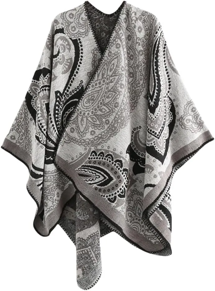 Hycurey Women Winter Knitted Faux Cashmere Poncho Capes Plus Size Shawl Cardigans Sweater Coat