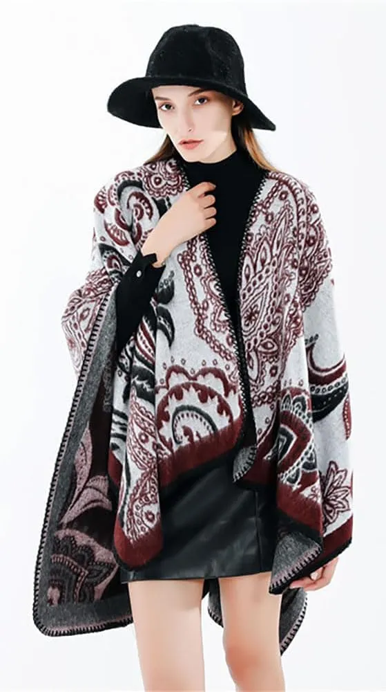 Hycurey Women Winter Knitted Faux Cashmere Poncho Capes Plus Size Shawl Cardigans Sweater Coat