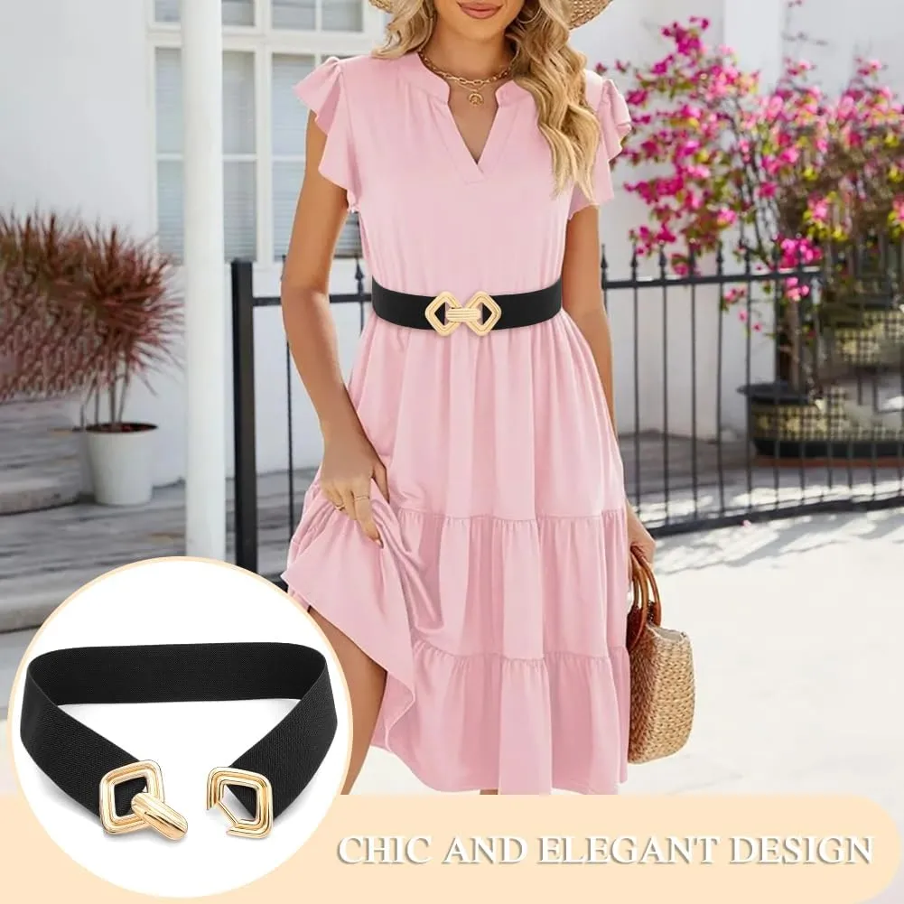 Initlove Women Wide Stretchy Waistband Gold Buckle Elastic Waist Belt for Dresses