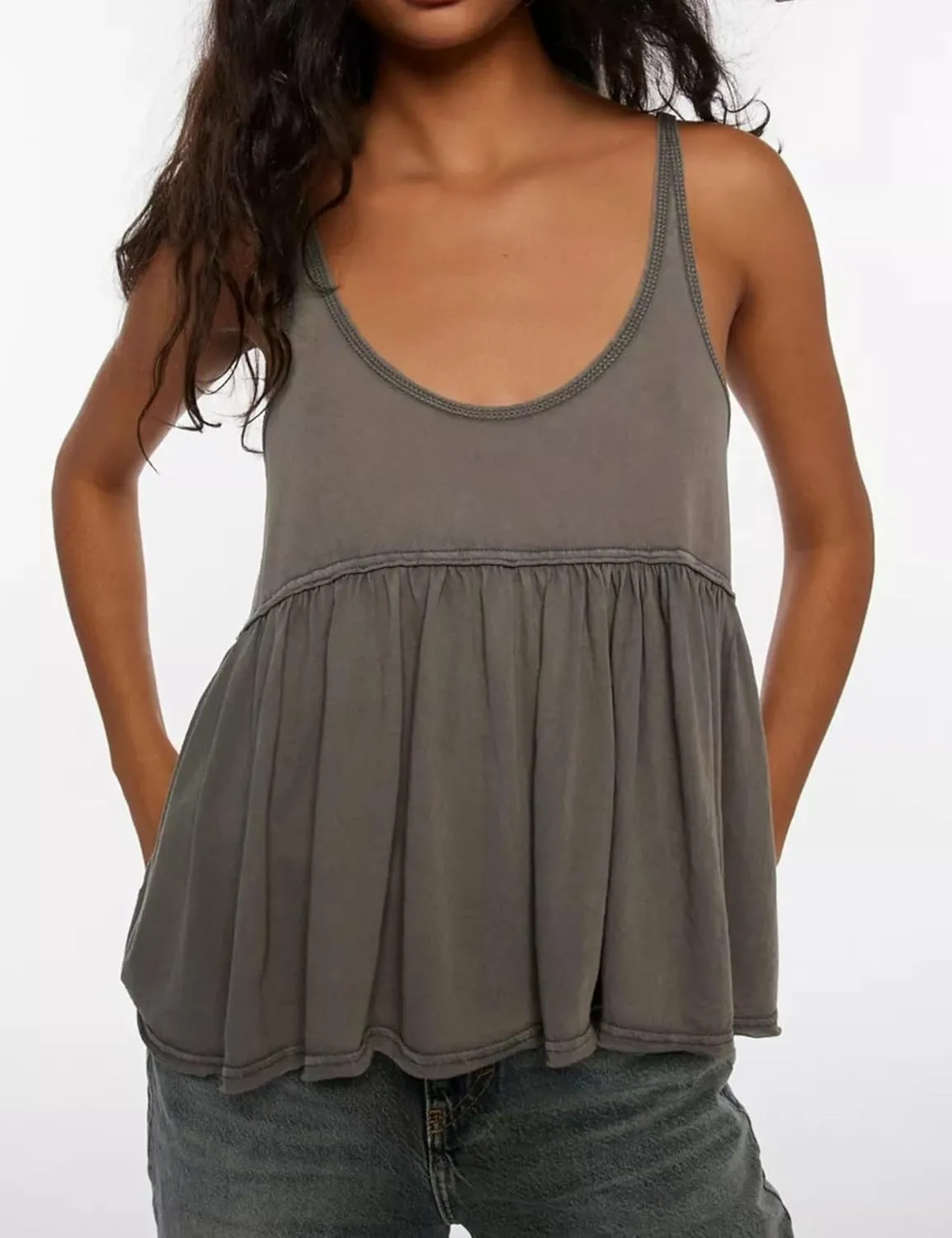 InterNos Women's Summer Flowy Tank Tops Sleeveless Strap Ruffle Shirts Babydoll Tunic Tank Peplum Tops