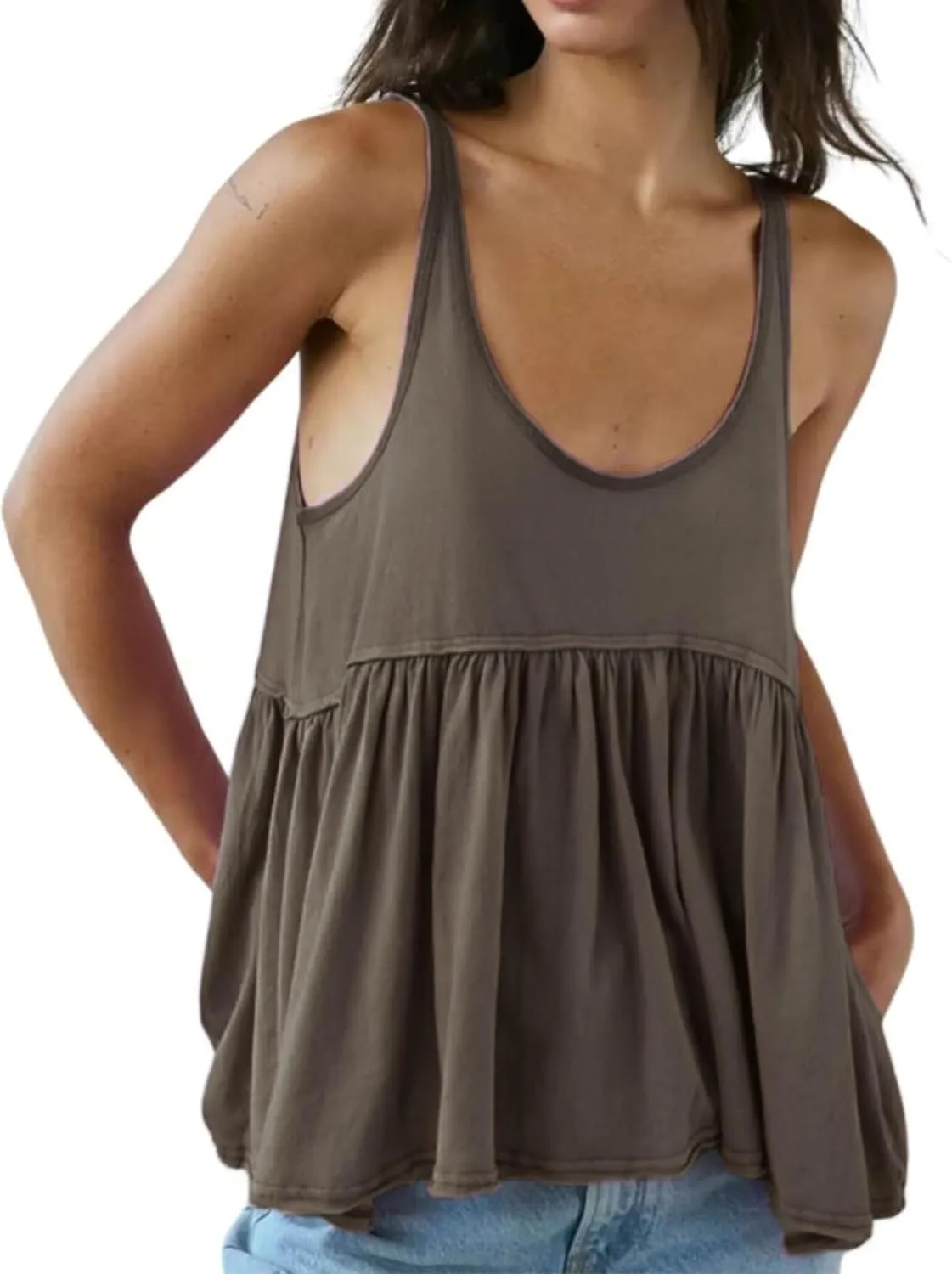 InterNos Women's Summer Flowy Tank Tops Sleeveless Strap Ruffle Shirts Babydoll Tunic Tank Peplum Tops