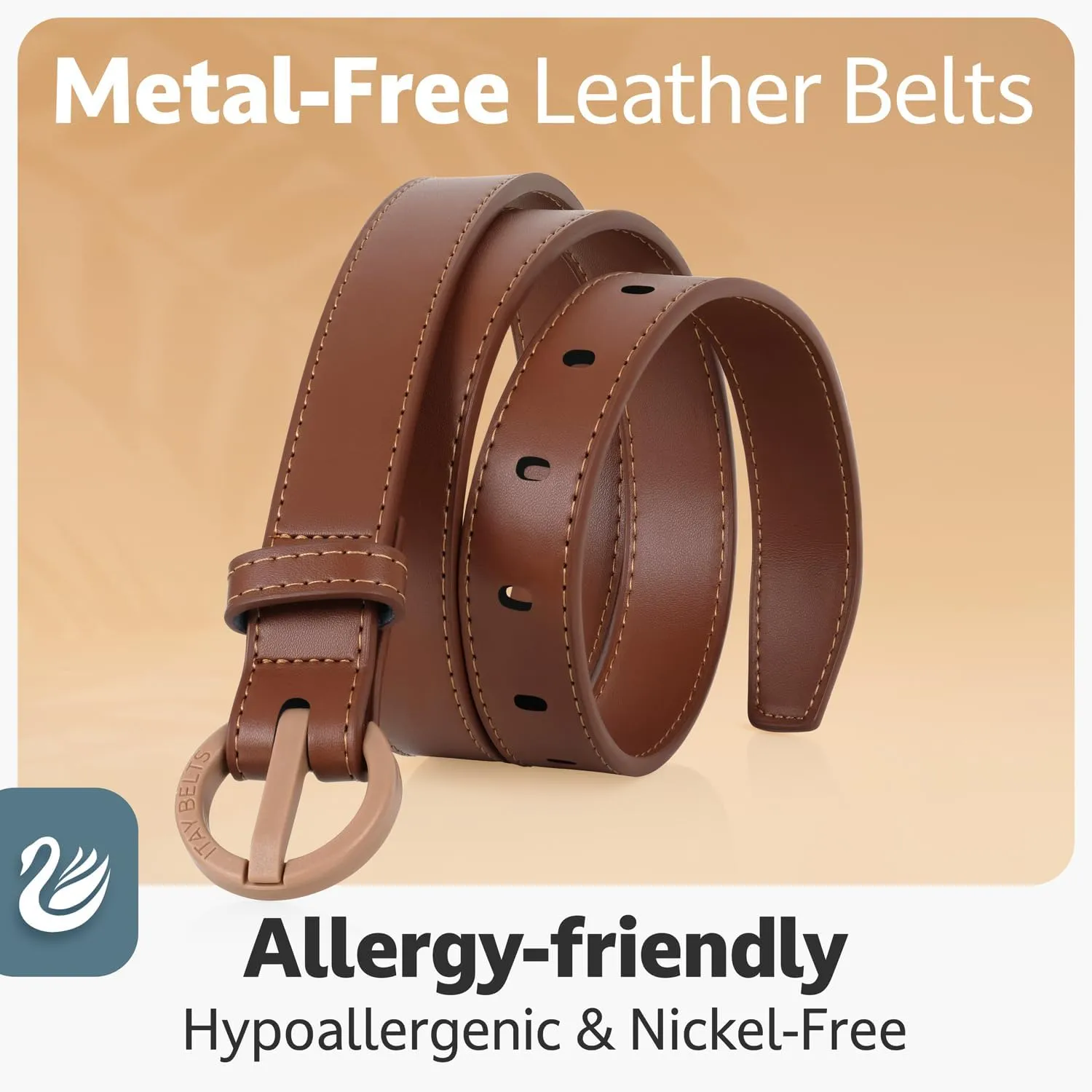 ITAY Women Metal Free Leather Belt - 25mm Nickel Free Belt for Women, TSA-Friendly No Metal Belts with Sturdy Plastic Buckle
