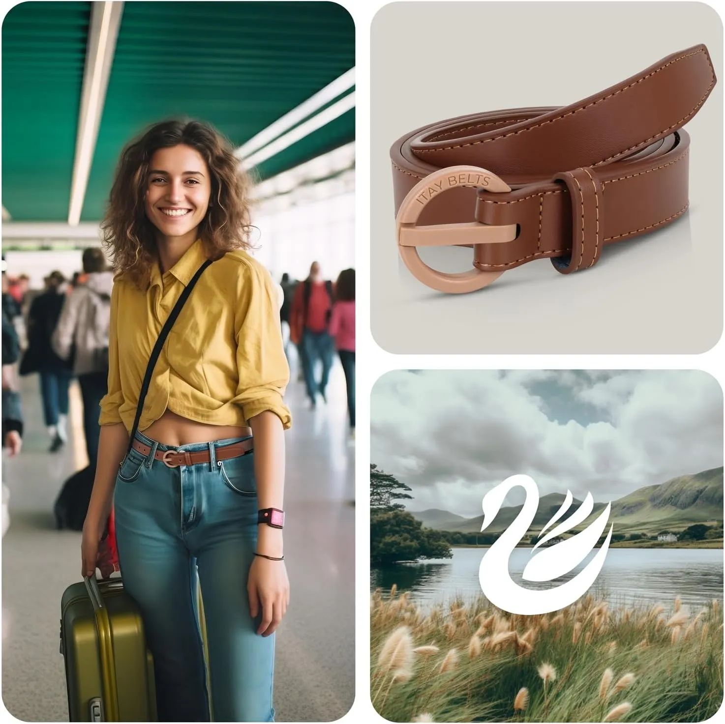 ITAY Women Metal Free Leather Belt - 25mm Nickel Free Belt for Women, TSA-Friendly No Metal Belts with Sturdy Plastic Buckle