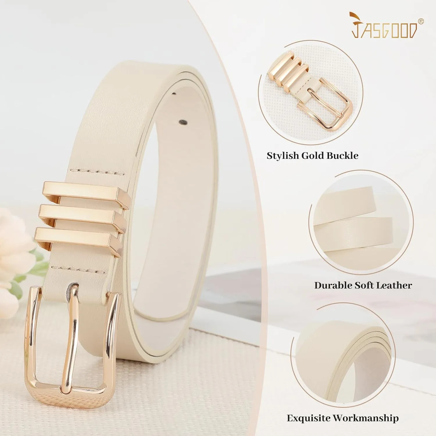 JASGOOD Women's Leather Belts Ladies Fashion Leather Belts for Jeans Pants Dress with Metal Gold Buckle
