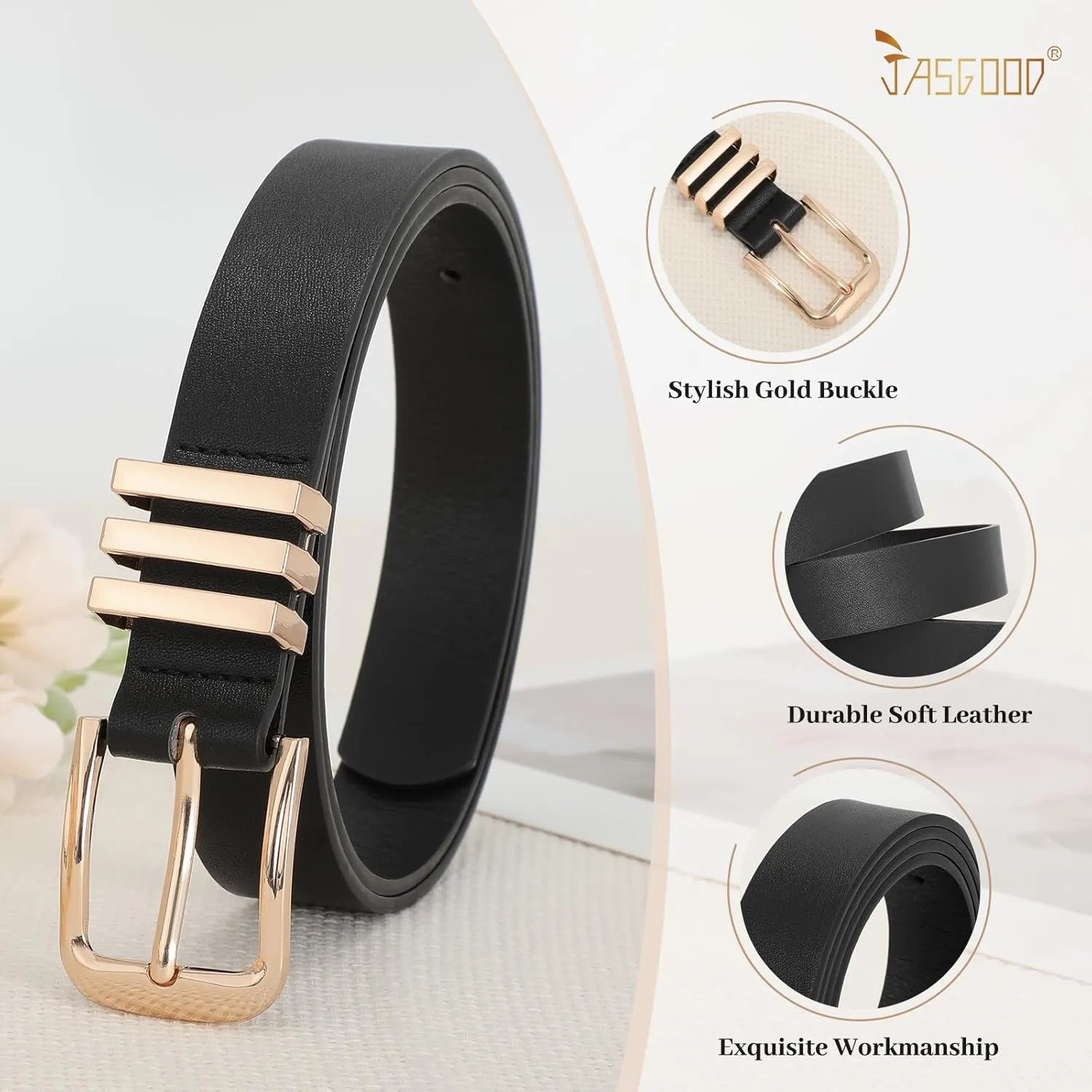 JASGOOD Women's Leather Belts Ladies Fashion Leather Belts for Jeans Pants Dress with Metal Gold Buckle