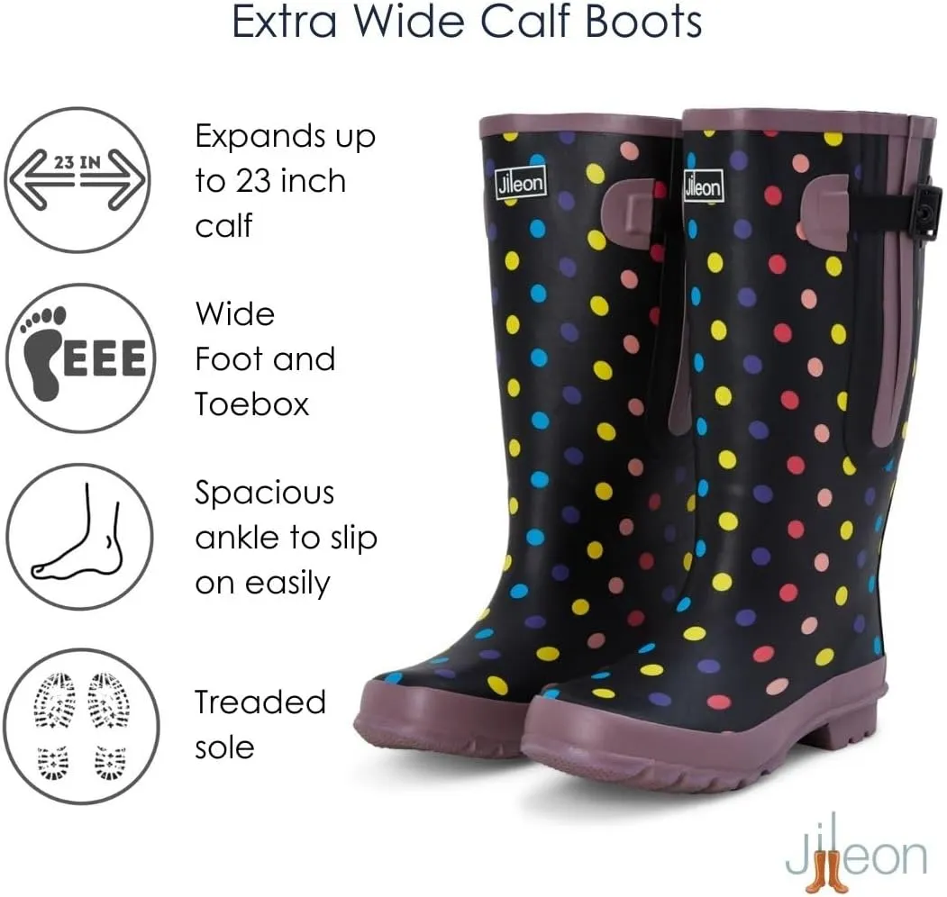 Jileon Extra Wide Calf Rain Boots - Ideal for Wide Feet, Ankles & Calves - Fit 16 to 23 Calves - Durable & Waterproof
