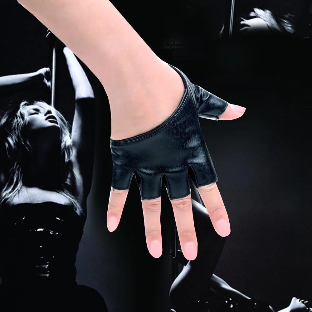 JISEN Women Half Palm Half Finger PU Leather Dancing Punk Gloves