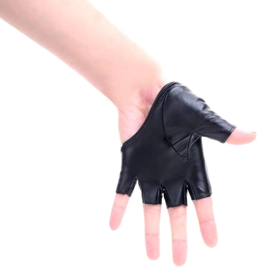 JISEN Women Half Palm Half Finger PU Leather Dancing Punk Gloves