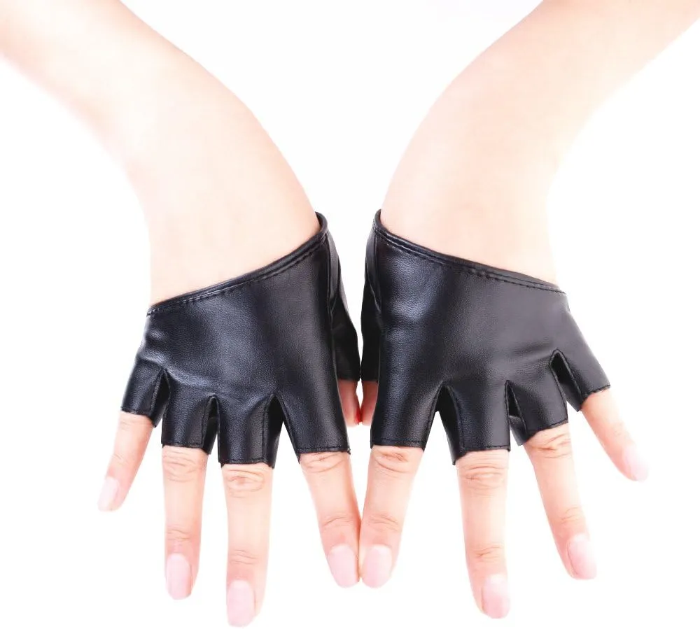 JISEN Women Half Palm Half Finger PU Leather Dancing Punk Gloves