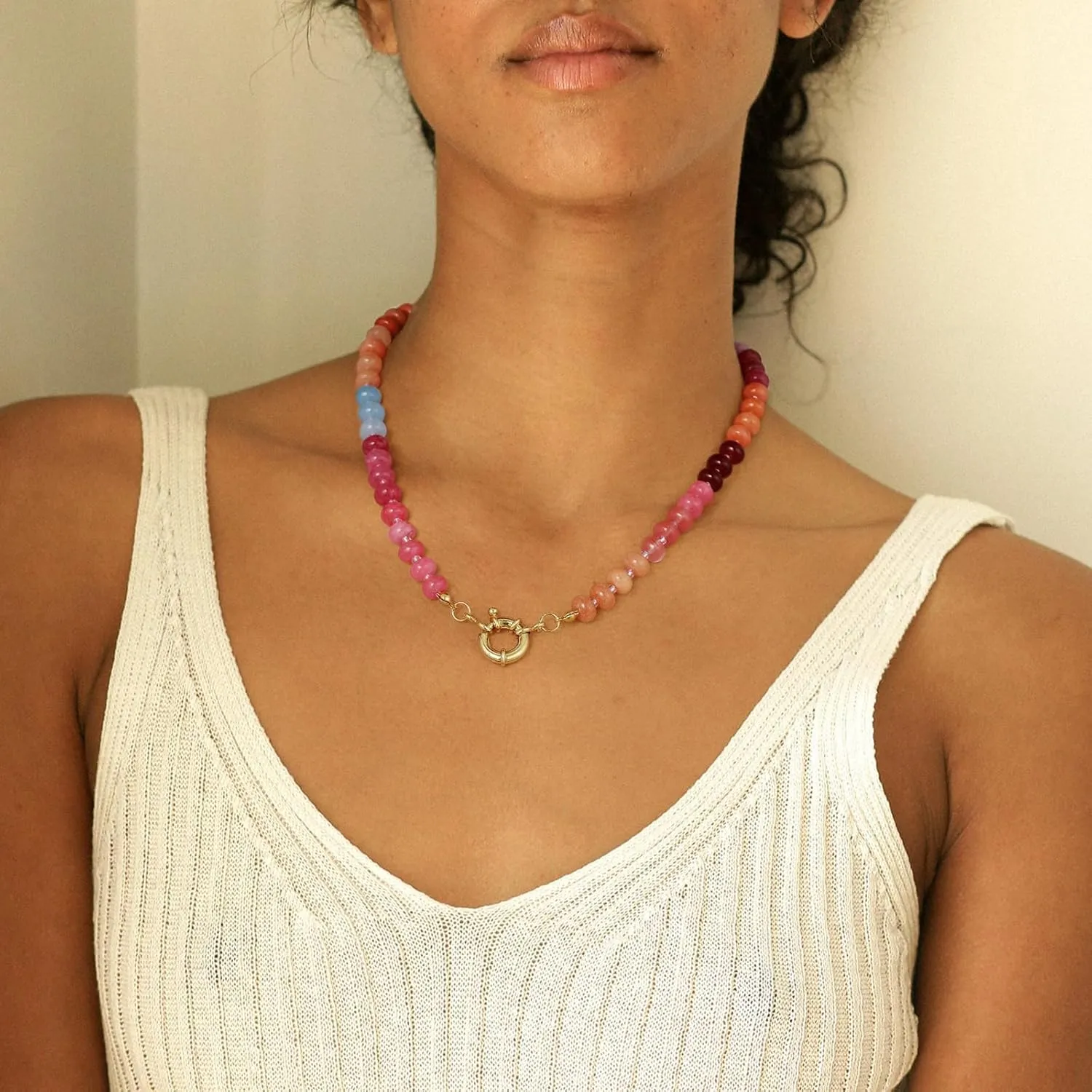 KELORIS PATH Beaded Gemstone Necklaces for Women, Boho Colorful Bead Choker Necklace, Natural Stone Handmade Summer Jewelry for Beach