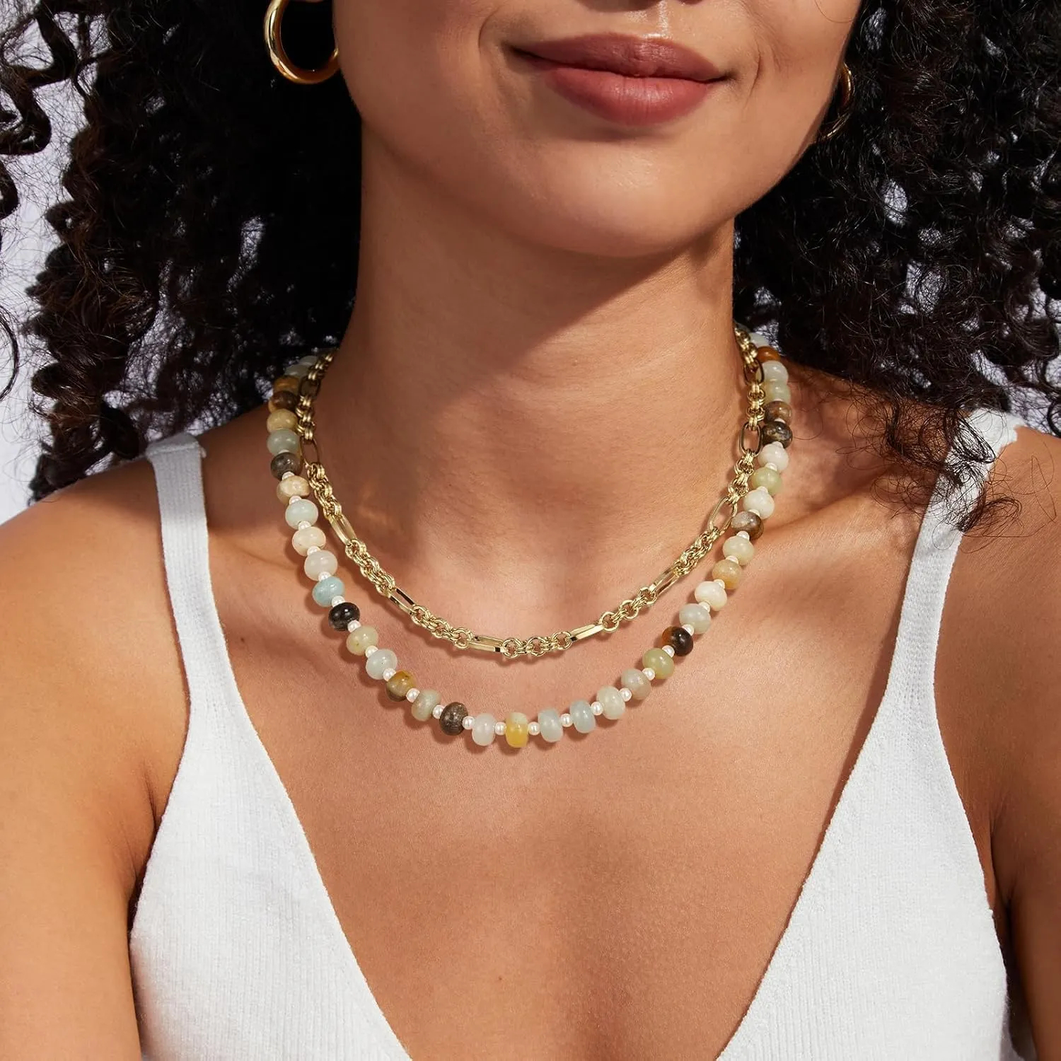 KissYan Beaded Gemstone Necklace for Women, Colorful Boho Bead Choker Natural Stone Surfer Beach Necklaces 14K Gold Plated Summer Handmade Jewelry