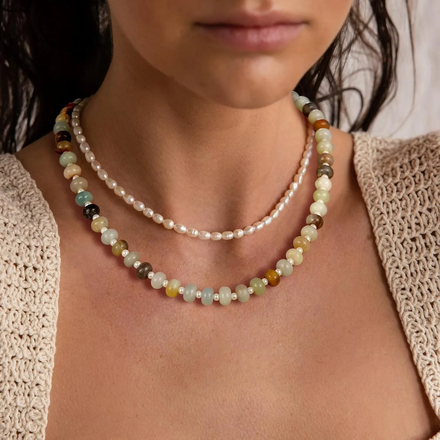 KissYan Beaded Gemstone Necklace for Women, Colorful Boho Bead Choker Natural Stone Surfer Beach Necklaces 14K Gold Plated Summer Handmade Jewelry