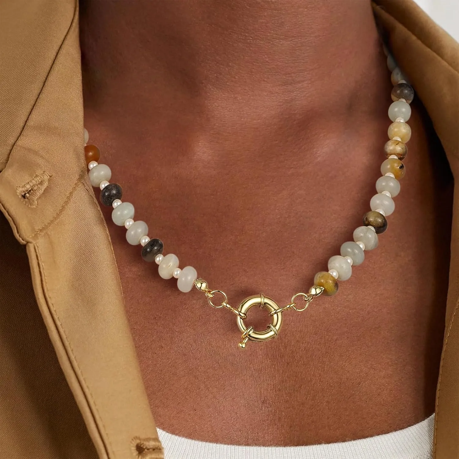 KissYan Beaded Gemstone Necklace for Women, Colorful Boho Bead Choker Natural Stone Surfer Beach Necklaces 14K Gold Plated Summer Handmade Jewelry