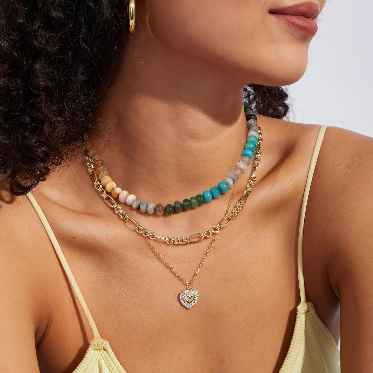 KissYan Beaded Gemstone Necklace for Women, Colorful Boho Bead Choker Natural Stone Surfer Beach Necklaces 14K Gold Plated Summer Handmade Jewelry
