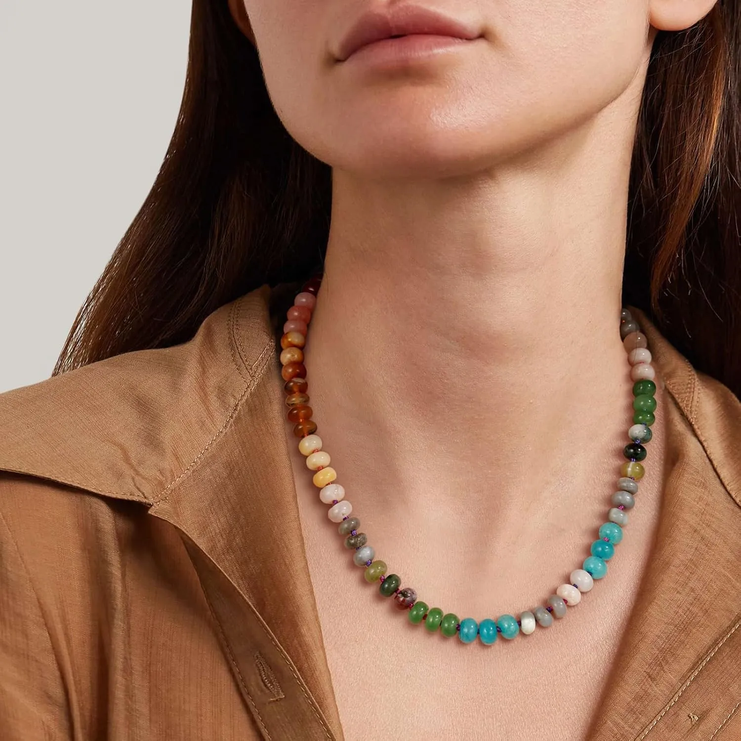 KissYan Beaded Gemstone Necklace for Women, Colorful Boho Bead Choker Natural Stone Surfer Beach Necklaces 14K Gold Plated Summer Handmade Jewelry