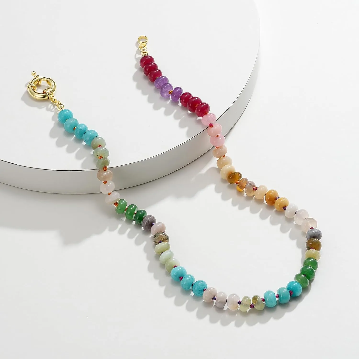 KissYan Beaded Gemstone Necklace for Women, Colorful Boho Bead Choker Natural Stone Surfer Beach Necklaces 14K Gold Plated Summer Handmade Jewelry