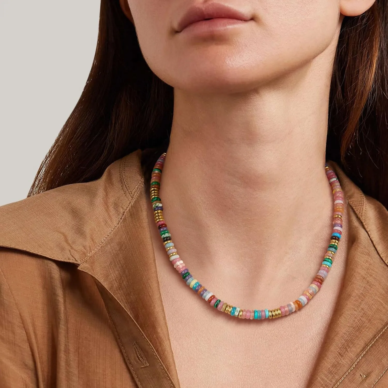 KissYan Boho Beaded Choker Necklace for Women, Gemstone Choker Natural Stone Freshwater Pearl Surfer Necklaces 14K Gold Plated Summer Beach Handmade Jewelry