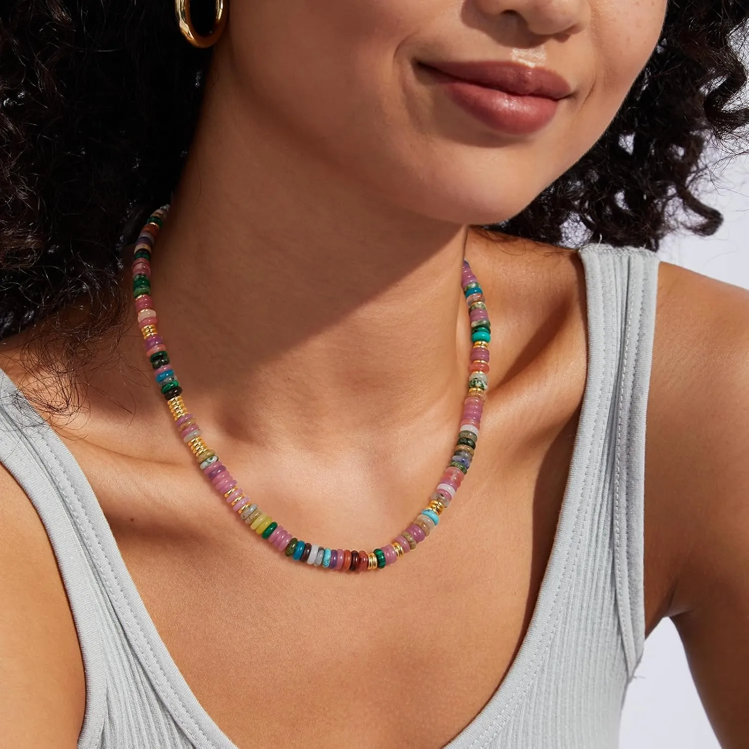 KissYan Boho Beaded Choker Necklace for Women, Gemstone Choker Natural Stone Freshwater Pearl Surfer Necklaces 14K Gold Plated Summer Beach Handmade Jewelry
