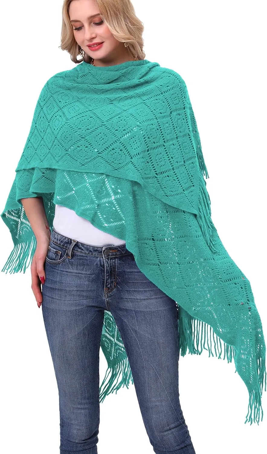 Knit Shawl Wrap for Women - Soul Young Ladies Fringe Knitted Poncho Cardigan Cape