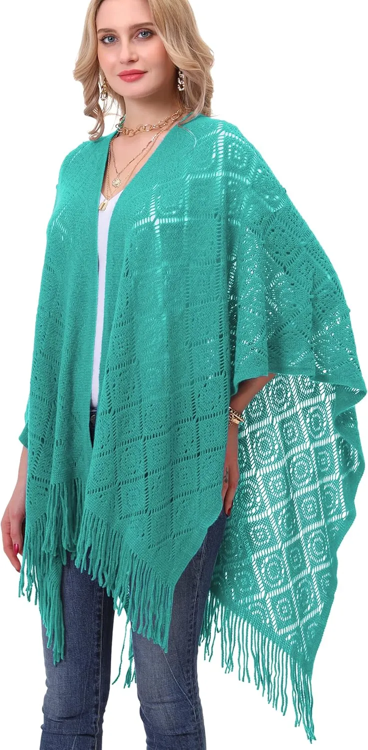 Knit Shawl Wrap for Women - Soul Young Ladies Fringe Knitted Poncho Cardigan Cape