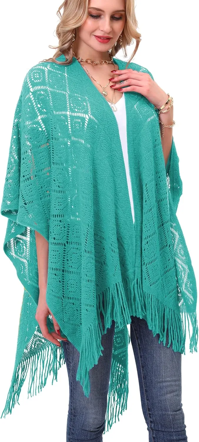 Knit Shawl Wrap for Women - Soul Young Ladies Fringe Knitted Poncho Cardigan Cape