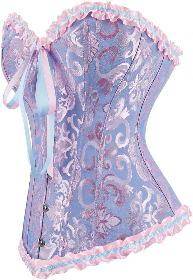 Kranchungel Plus Size Corset Women's Floral Pleated Trim Overbust Waist Cincher Bustier Top