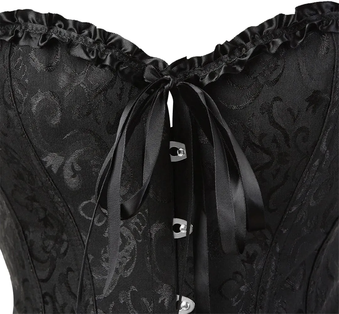Kranchungel Plus Size Corset Women's Floral Pleated Trim Overbust Waist Cincher Bustier Top