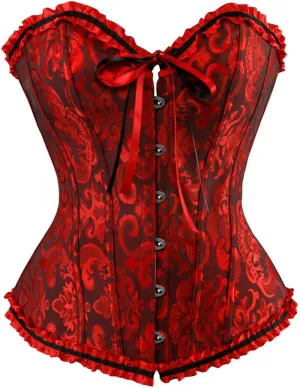 Kranchungel Plus Size Corset Women's Floral Pleated Trim Overbust Waist Cincher Bustier Top