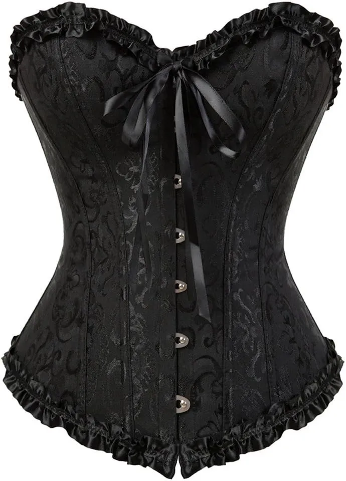 Kranchungel Plus Size Corset Women's Floral Pleated Trim Overbust Waist Cincher Bustier Top