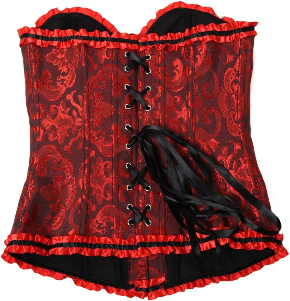 Kranchungel Plus Size Corset Women's Floral Pleated Trim Overbust Waist Cincher Bustier Top