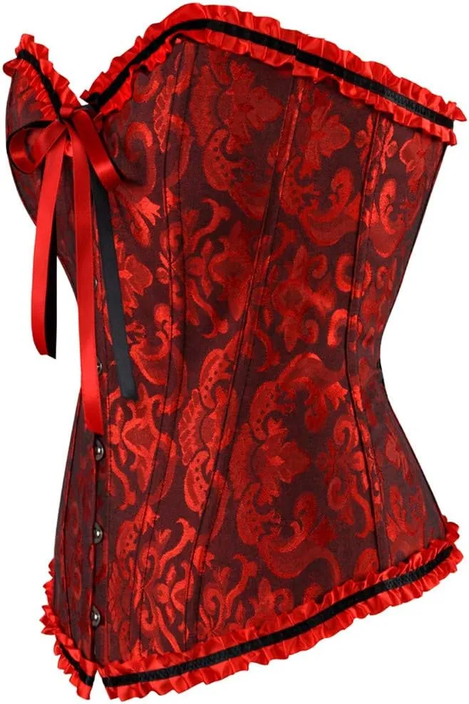 Kranchungel Plus Size Corset Women's Floral Pleated Trim Overbust Waist Cincher Bustier Top