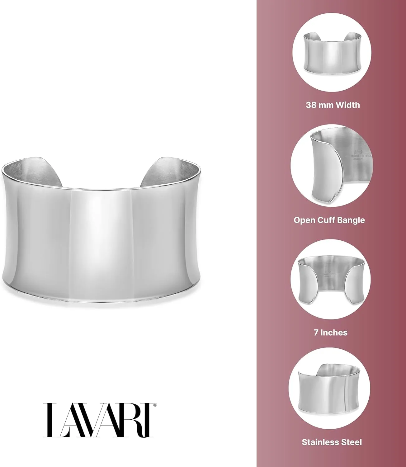 Lavari Jewelers 1.5 Inches Wide Open Plain Cuff Bangle Bracelet for Women I 6.75 Inches Long I Ion Plated Stainless Steel or Satin Finish Bangle for Her I Wide Bracelet