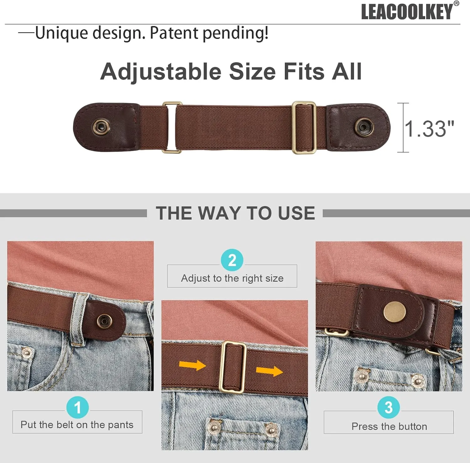 LEACOOLKEY No Buckle Stretch Belt for Women/Men2 Pack Elastic Invisible Belt for Jeans