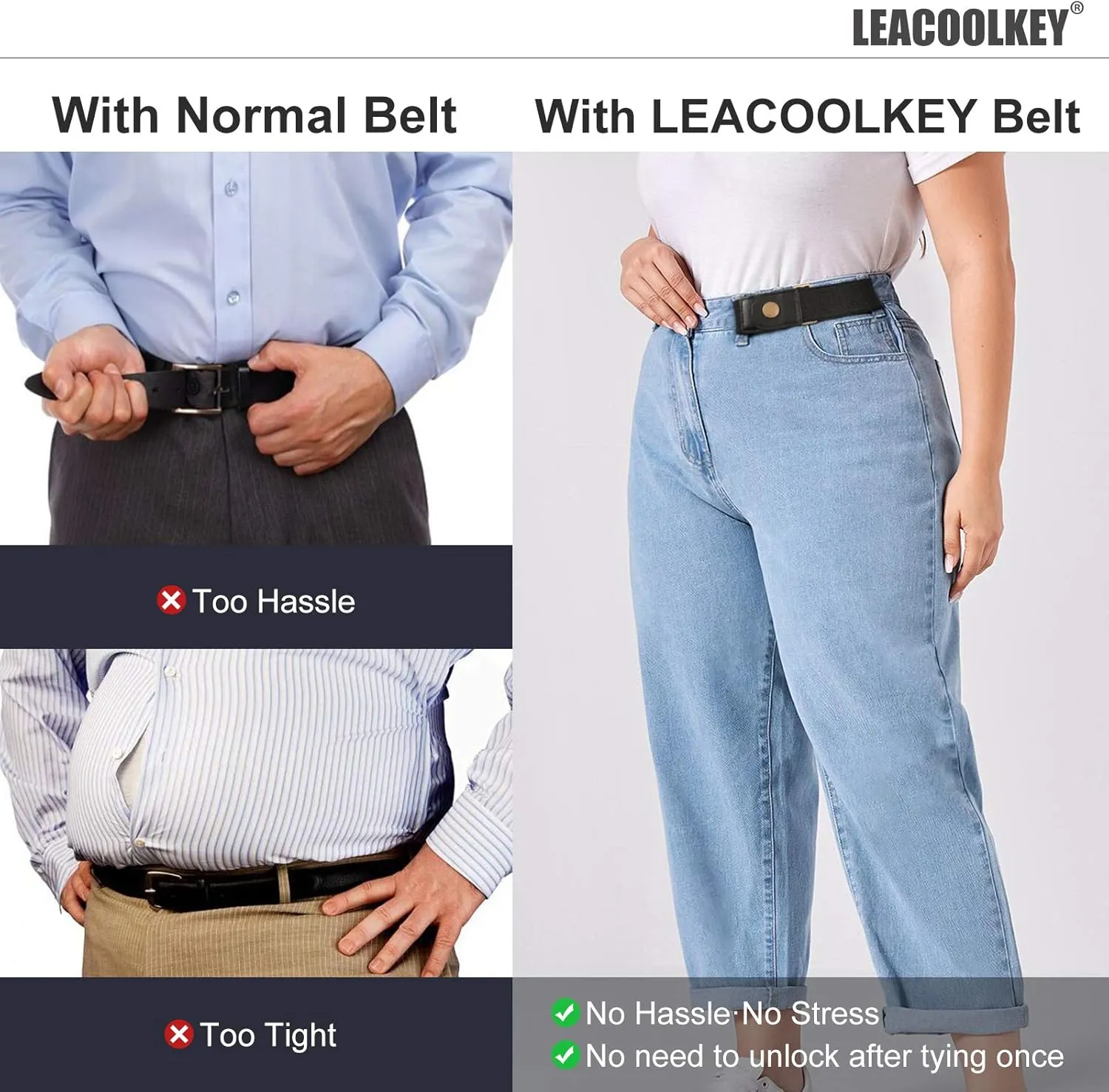 LEACOOLKEY No Buckle Stretch Belt for Women/Men2 Pack Elastic Invisible Belt for Jeans