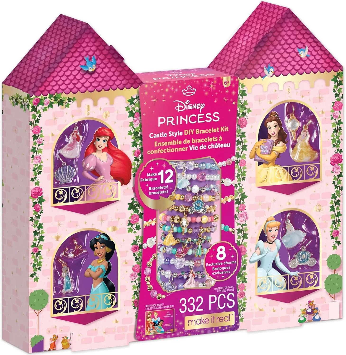 Make It Real: Disney Princess: Castle Style DIY Bracelet Kit - 332 pcs Jewelry Set, Create 12 Bracelets, 8 Exclusive Charms, Girls & Kids Ages 6 