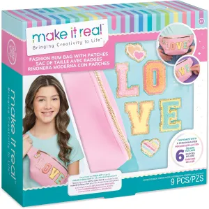 Make It Real: Fashion Bum Bag with Patches - 9 pcs, Pink Zipper Bag with Rainbow Band, DIY Customize, Love Patches, Tweens, Girls & Kids Ages 8 