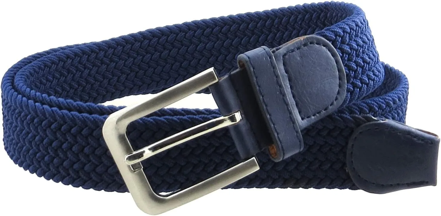 Mens Braided Elastic Stretch Belt Leather Tipped End and Silver Metal Buckle