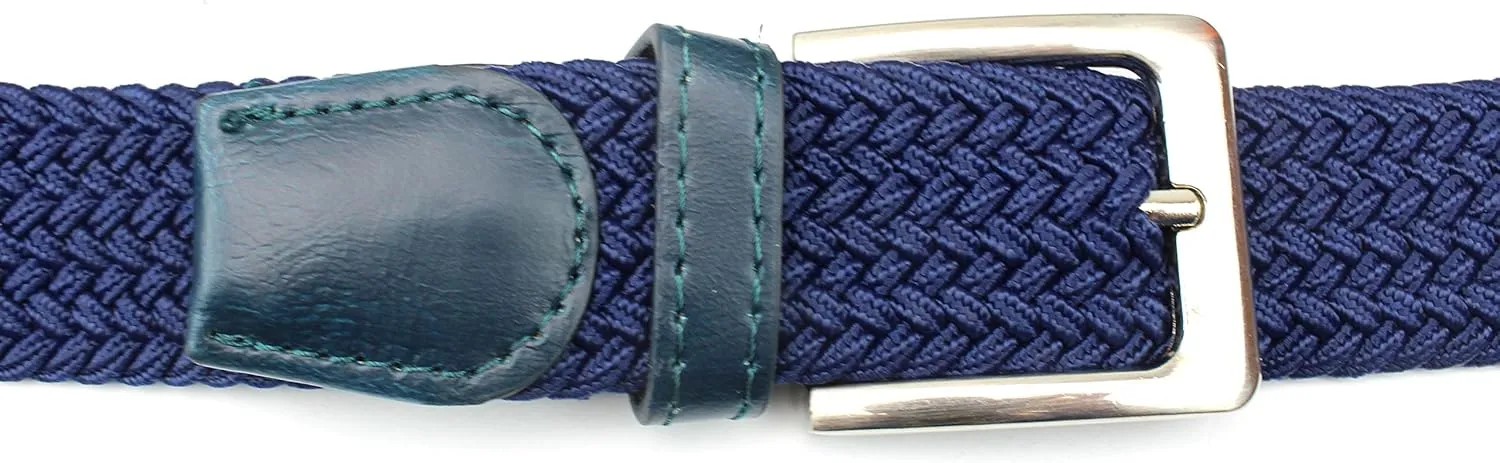 Mens Braided Elastic Stretch Belt Leather Tipped End and Silver Metal Buckle