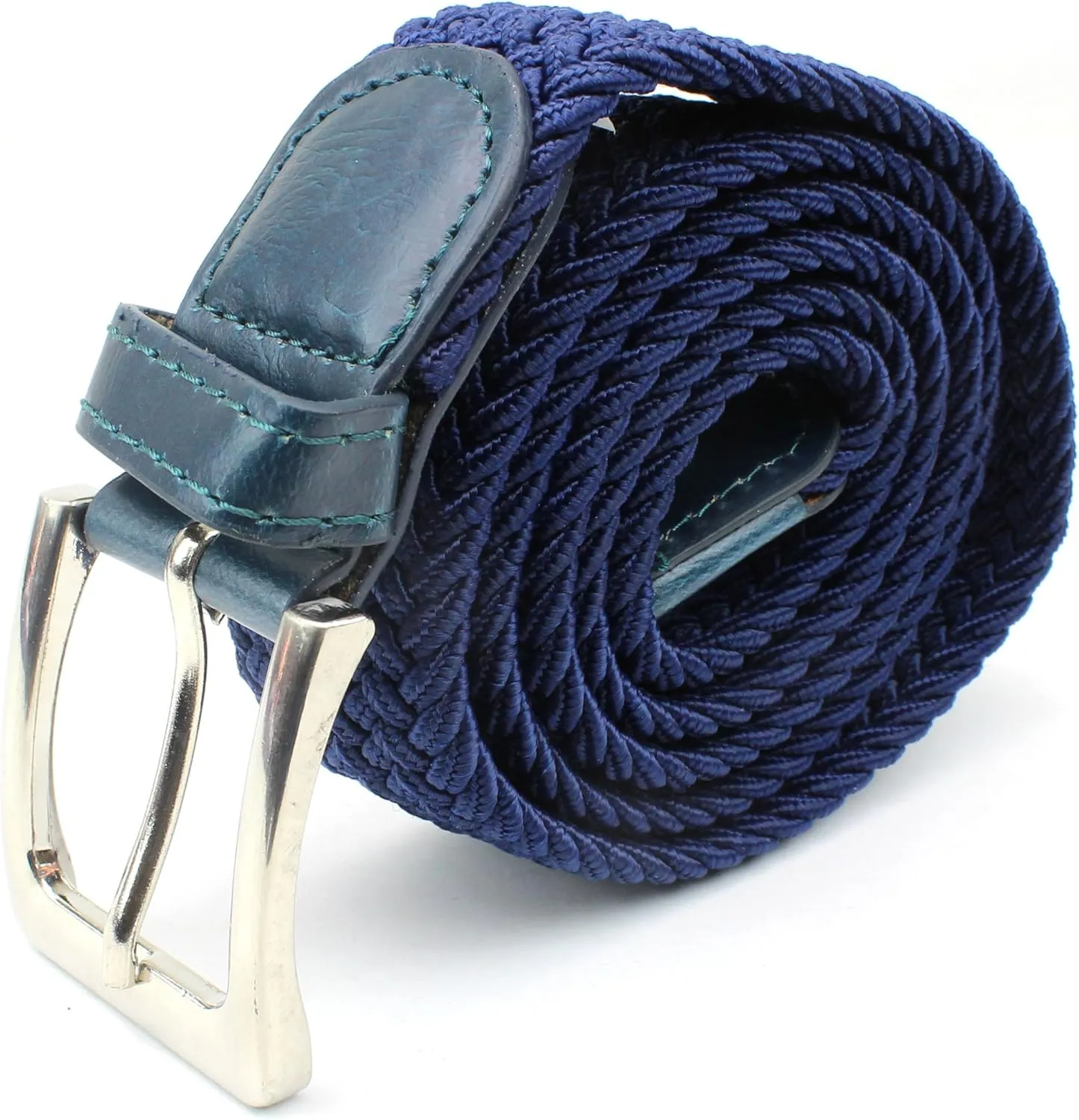 Mens Braided Elastic Stretch Belt Leather Tipped End and Silver Metal Buckle