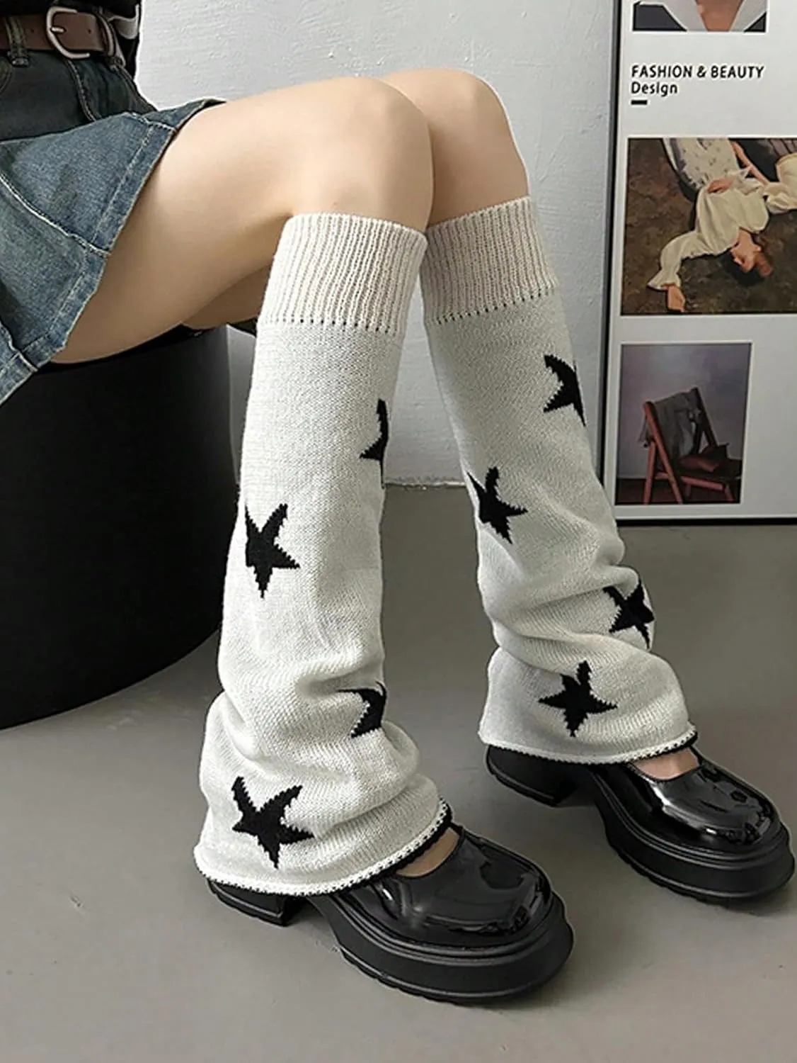 Milumia Women's Y2k Star Print Leg Warmers 80s Knitted Long Socks