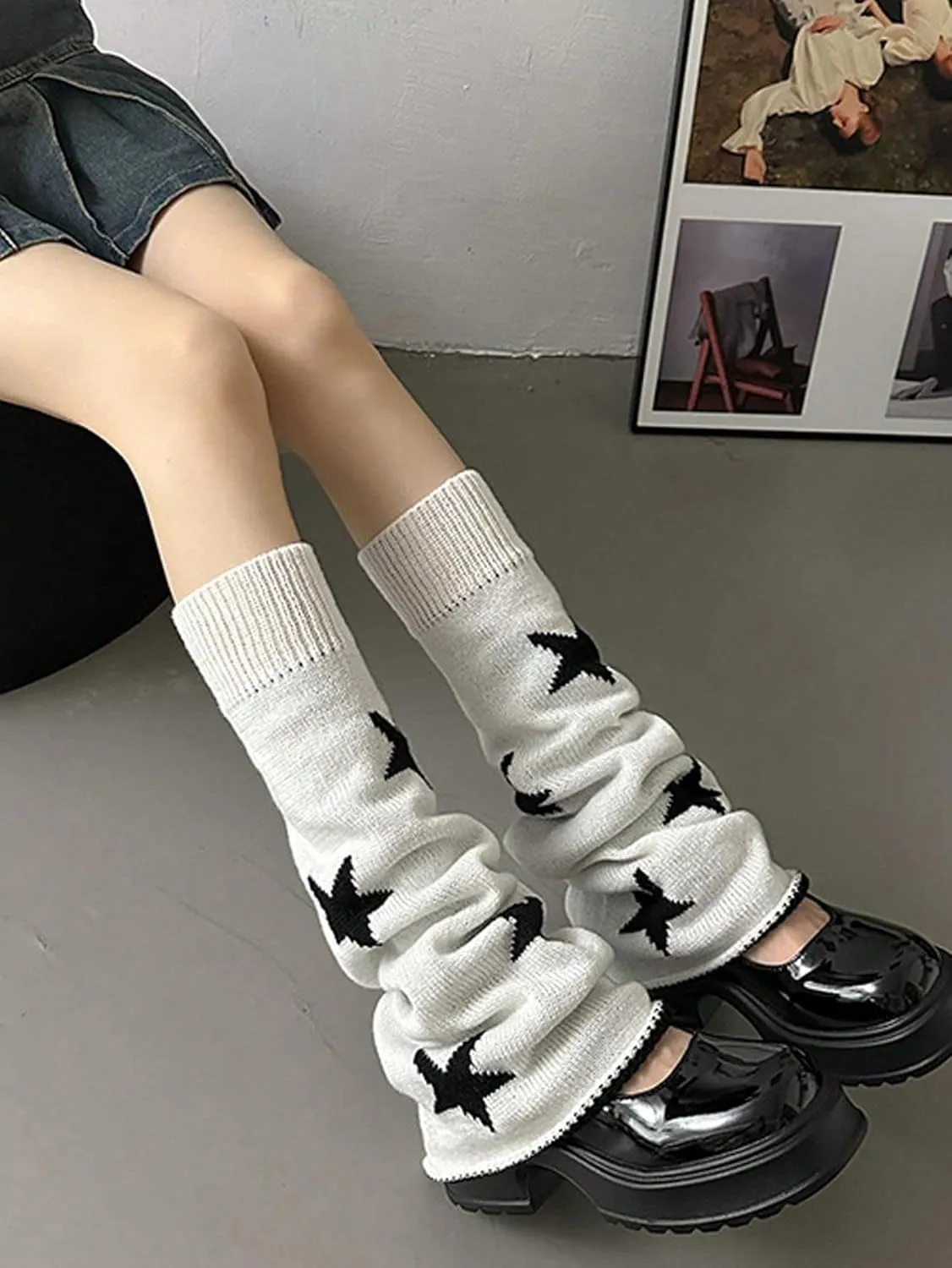 Milumia Women's Y2k Star Print Leg Warmers 80s Knitted Long Socks
