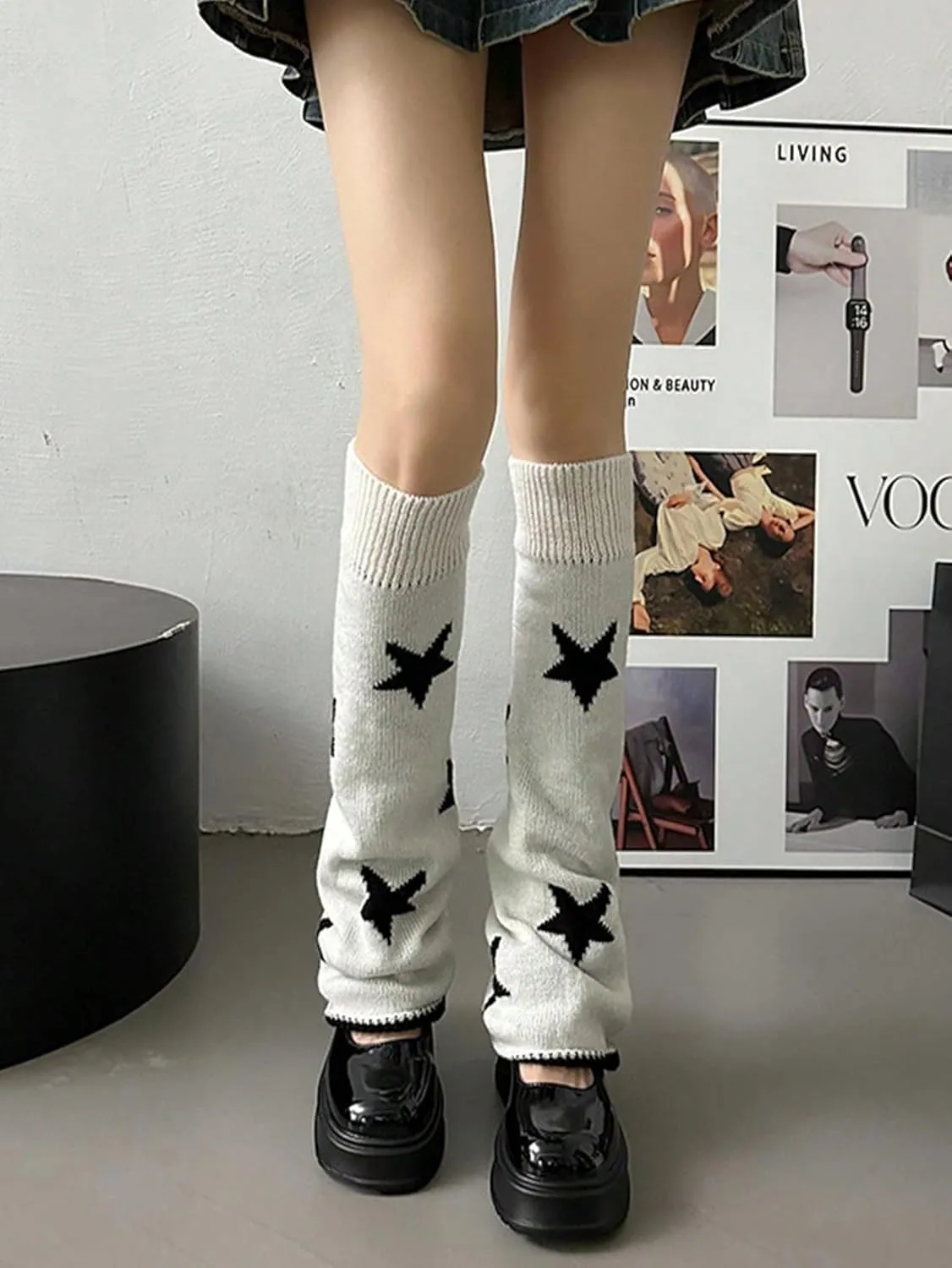 Milumia Women's Y2k Star Print Leg Warmers 80s Knitted Long Socks