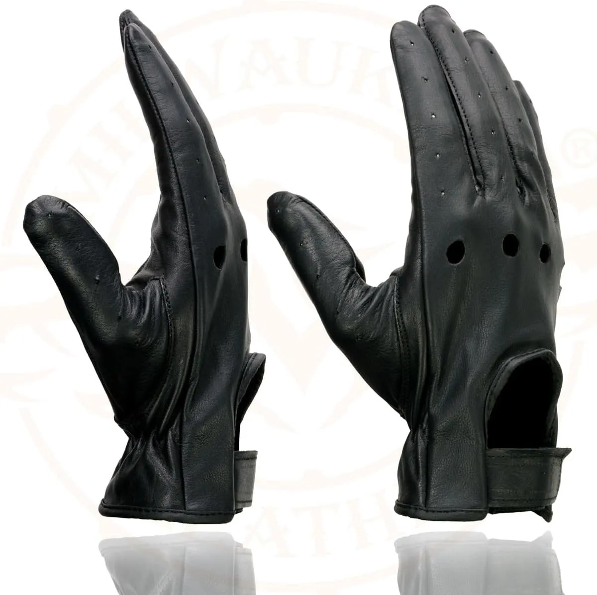 Milwaukee Leather SH247 Men's Black Perforated Leather Full Finger Motorcycle Hand Gloves W/Breathable Open Knuckle