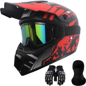 Motorcycle Dirt Bike Helmet Full Face Motocross Helmets for Outdoor Sports Off Road Racing Mountain Bike Men Women Off-Road Helmet Gloves Goggles for Adult Youth DOT/FMVSS 218 Approve