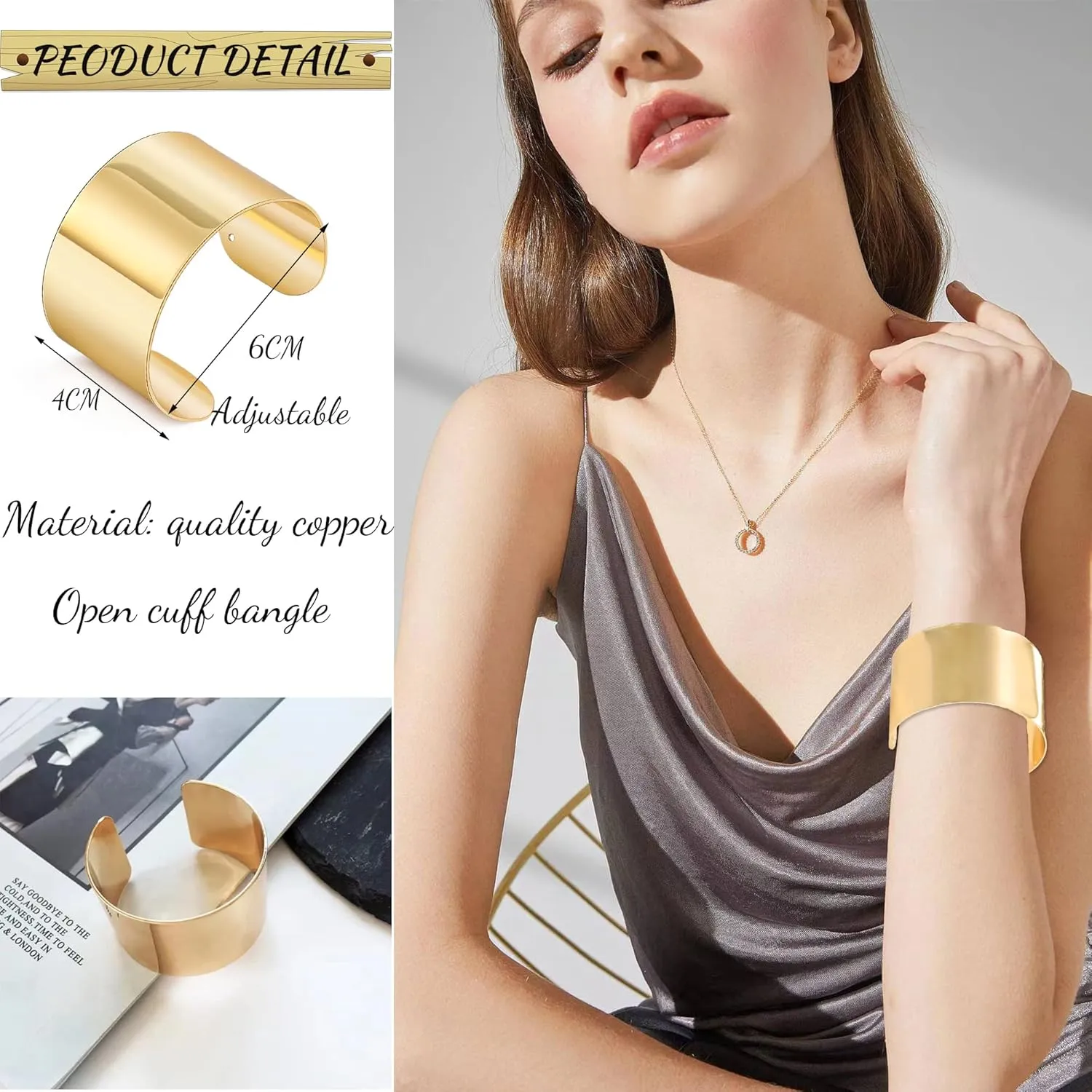 MOZAKA 2 Pcs Cuff Bangle Bracelet for Women Wide Open Cuff Bracelets Gold Sliver Wrist Cuff Wrap Bracelets Adjustable