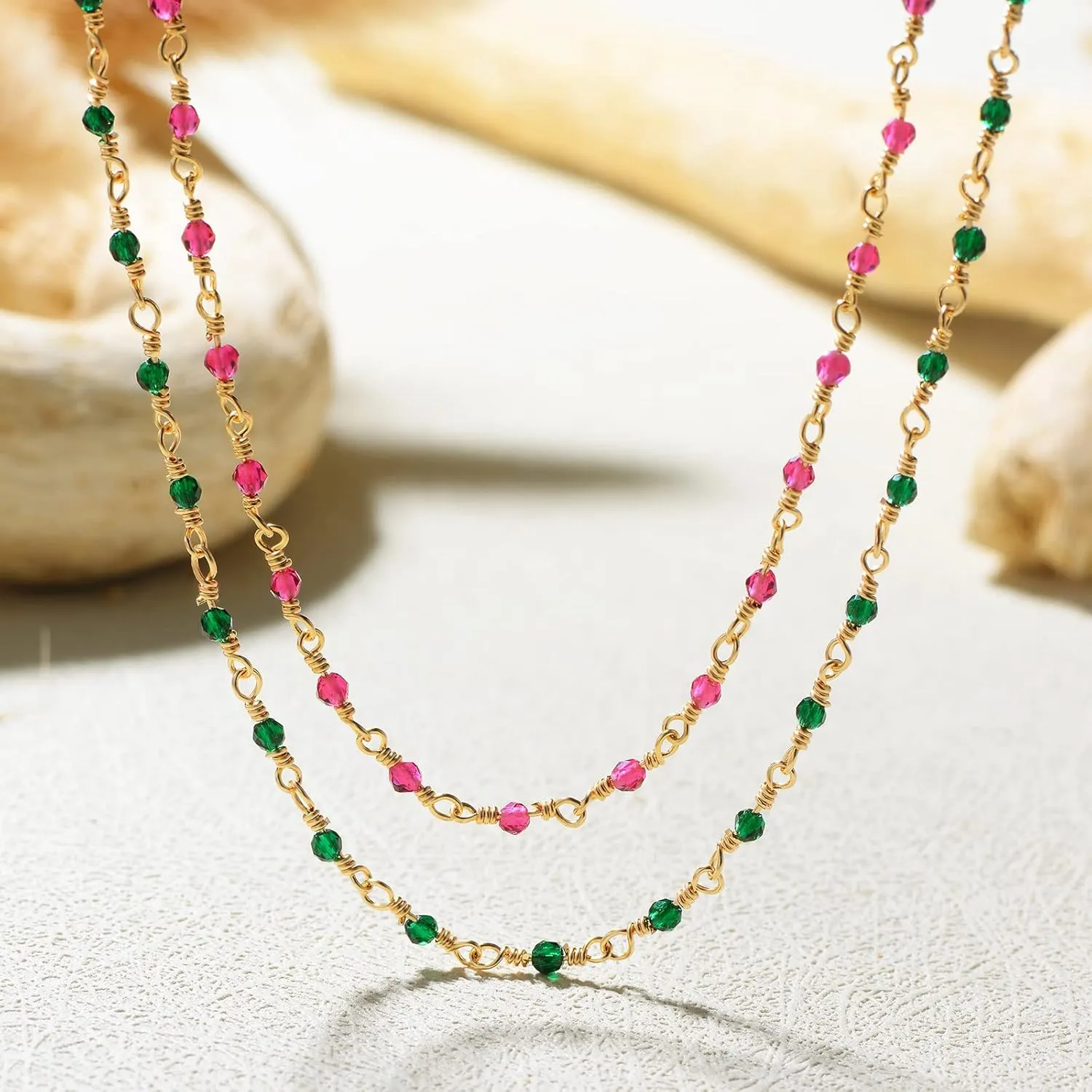 MTMY Beaded Necklaces for Women 14K Gold Plated Dainty Colorful Green/Rose Beaded Pearl Choker Necklace Delicate Boho Choker Necklace Jewelry Gift